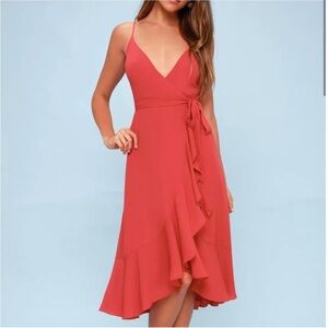 Lulu's Manhattan Moment Coral Ruffled Midi Wrap Dress
